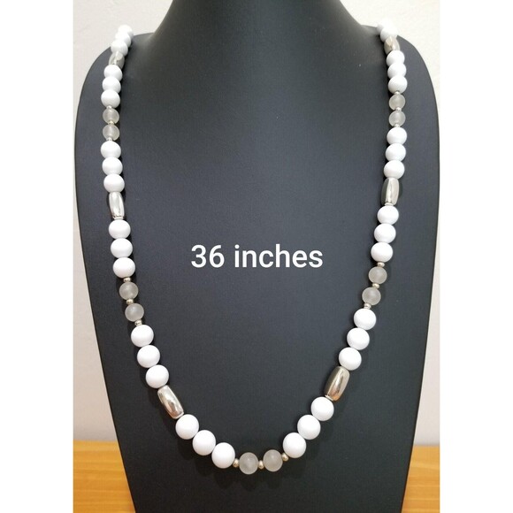 36" Long White and Gray Vintage Necklace strung on Chain - Picture 1 of 10